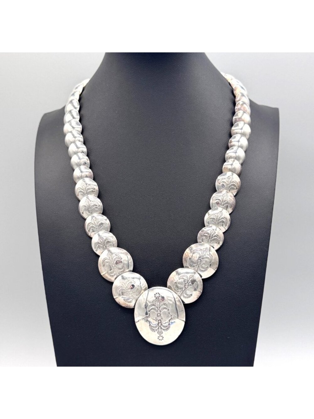 Southwest Silver Pillow Bead Necklace 22" Stamped Reversible Vtg Handmade 66g